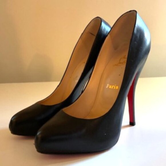 Christian Louboutin Black Leather Platform Round Toe Pump | 5" Heel | Sz 39 - Picture 6 of 16